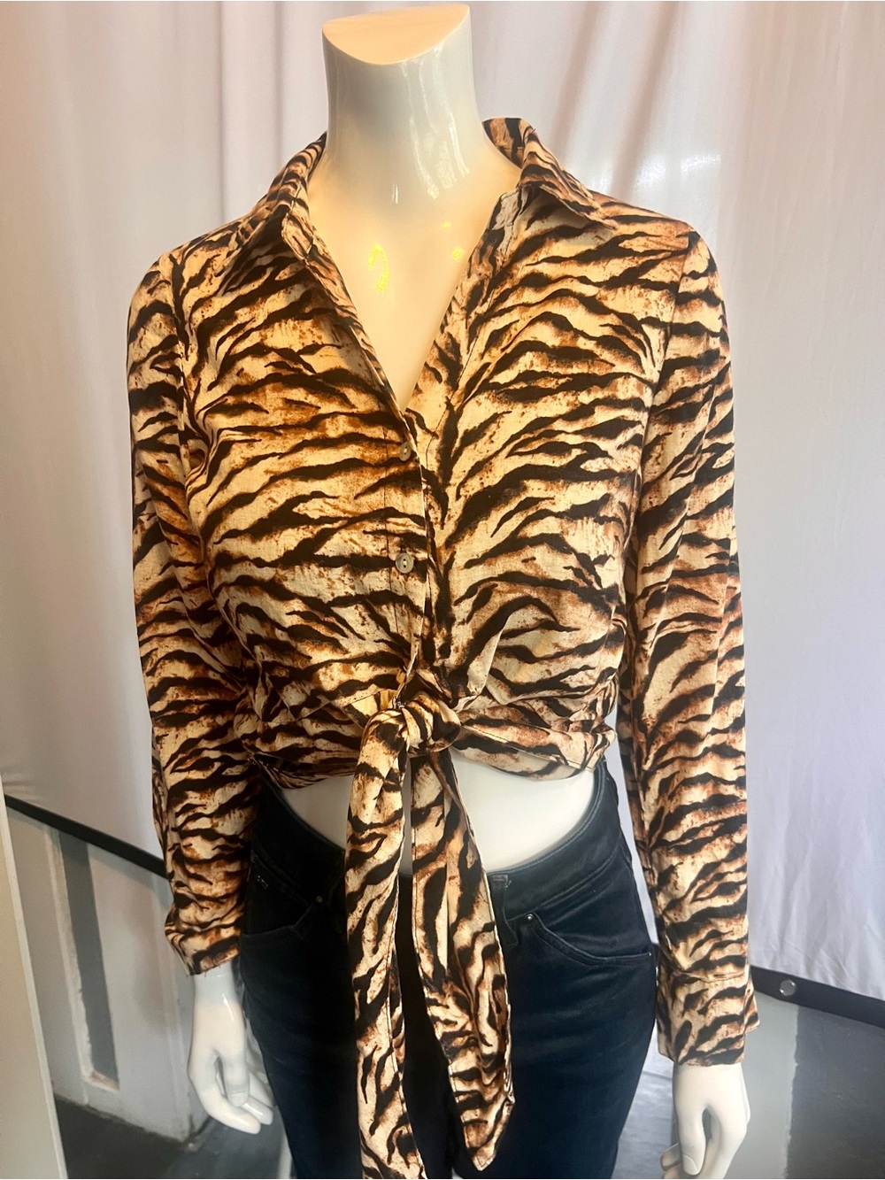 Christian Siriano New York Tiger Print Tie-Front Linen Blend Blouse S